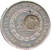 300 Réis - Luís I Countermark "Crowned G.P." over 200 Réis - Pedro II, Brazil Imp. obverse image