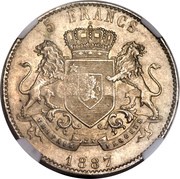 1200 Réis - Luis I Countermark "Crowned G.P." over 5 Francs - Congo Free State reverse image