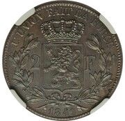2 Francs - Léopold I Pattern, Belgium, 1849 reverse image