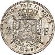 2 Francs - Léopold II French legend, Belgium, 1866-1868 reverse image
