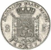 2 Francs - Léopold II Dutch legend, Belgium, 1887 reverse image
