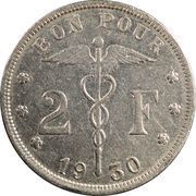 2 Francs French text, Belgium, 1923-1930 reverse image