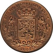 2½ Francs - Léopold I Pattern, Belgium, 1865 reverse image