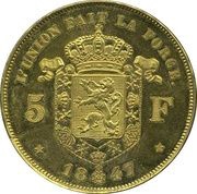 5 Francs - Léopold I Pattern, Belgium, 1847 reverse image