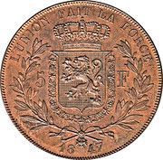 5 Franc - Léopold I Pattern, Belgium, 1847 reverse image