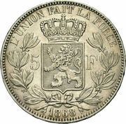 5 Francs - Léopold II large head, Belgium, 1865-1868 reverse image