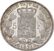 5 Francs - Léopold II small head, Belgium, 1865-1878 reverse image