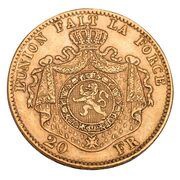 20 Francs - Léopold II heavy coarser beard, Belgium, 1867-1870 reverse image