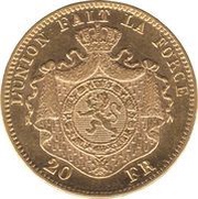 20 Francs - Léopold II finer beard, Belgium, 1870-1882 reverse image