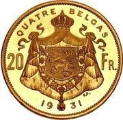 4 Belga / 20 Francs - Albert I French text - Pattern, Belgium, 1931 reverse image