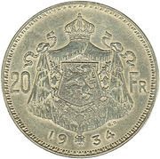 20 Francs - Albert I Dutch text, Belgium, 1933-1934 reverse image