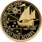 100 Escudos Discovery of Azores; Gold, Portugal, 1989 reverse image