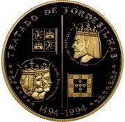 200 Escudos Treaty of Tordesilhas; Gold, Portugal, 1994 reverse image