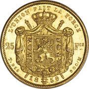 25 Francs - Léopold I Reeded Edge, Belgium, 1848-1850 reverse image