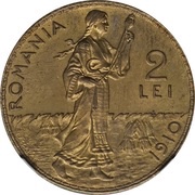 2 Lei - Carol I Pattern Strike, Romania, 1910 reverse image
