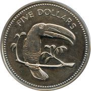 5 Dollars Keel-Billed Toucan; Copper-Nickel, Belize, 1974-1981 reverse image