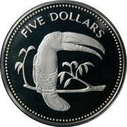 5 Dollars Keel-Billed Toucan; Silver, Belize, 1974-1981 reverse image