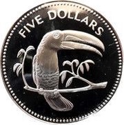 5 Dollars Keel-Billed Toucan; Copper-Nickel, Belize, 1982-1983 reverse image