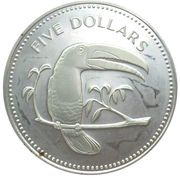 5 Dollars Keel-Billed Toucan; Silver, Belize, 1982-1983 reverse image