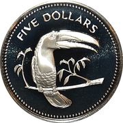 5 Dollars Keel-Billed Toucan; Copper-Nickel, Belize, 1984 reverse image