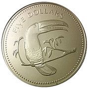 5 Dollars Keel-Billed Toucan; Silver, Belize, 1984-1985 reverse image