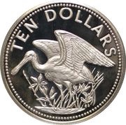 10 Dollars Roseate Spoonbill; Silver, Belize, 1981 reverse image