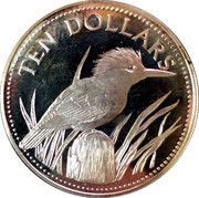 10 Dollars Ringed Kingfisher; Silver, Belize, 1983 reverse image