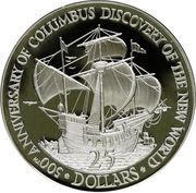 25 Dollars - Elizabeth II Columbus ships, Belize, 1989 reverse image