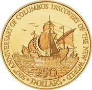 250 Dollars - Elizabeth II Columbus ships, Belize, 1989 reverse image
