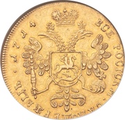 2 Ducats - Peter I Double Chervonets; Trade Coinage; Novodel, Russia, 1714 reverse image