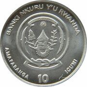 10 Amafaranga Rhinoceros; iridium obverse image