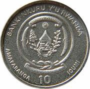10 Amafaranga Rhinoceros; rhodium obverse image