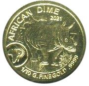 10 Amafaranga Black rhinoceros; dime, Rwanda, 2021 reverse image