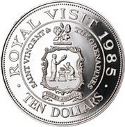 10 Dollars - Elizabeth II Royal Visit; Silver Proof Issue, Saint Vincent and the Grenadines, 1985 reverse image