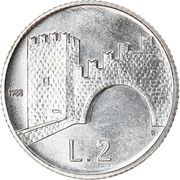 2 Lire Arco della Fratta, San Marino, 1988 reverse image