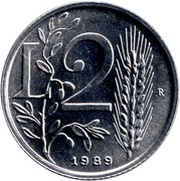 2 Lire Olive Twig and Ear, San Marino, 1989 reverse image