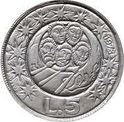 5 Lire Men are Citizens of the World, San Marino, 1973 reverse image