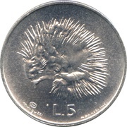 5 Lire Hedgehog, San Marino, 1974 reverse image
