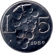 5 Lire Vine Grapes, San Marino, 1989 reverse image