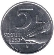 5 Lire Statutes of Community, San Marino, 1991 reverse image