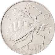 10 Lire Honeybee; FAO, San Marino, 1974 reverse image