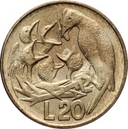 20 Lire Bird Feeding Its Nestlings; FAO, San Marino, 1975 reverse image