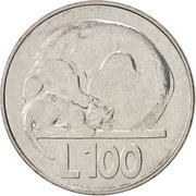 100 Lire Dog and Cat, San Marino, 1975 reverse image