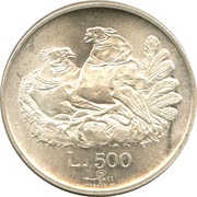 500 Lire Pigeons, San Marino, 1974 reverse image