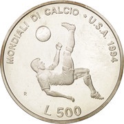 500 Lire World Cup Soccer, San Marino, 1994 reverse image