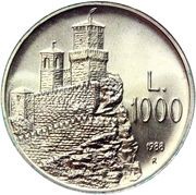 1000 Lire First tower, San Marino, 1988 reverse image
