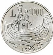 1000 Lire Saint Marino crossing the Adriatic, San Marino, 1989 reverse image