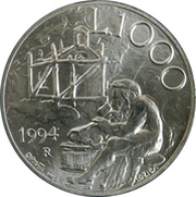 1000 Lire Foundation of the First Church in San Marino, San Marino, 1994 reverse image