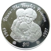 10 Dollars Princess Diana with young sons, Sierra Leone, 1997 reverse image