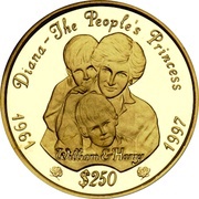 250 Dollars Princess Diana with William and Harry, Sierra Leone, 1997 reverse image